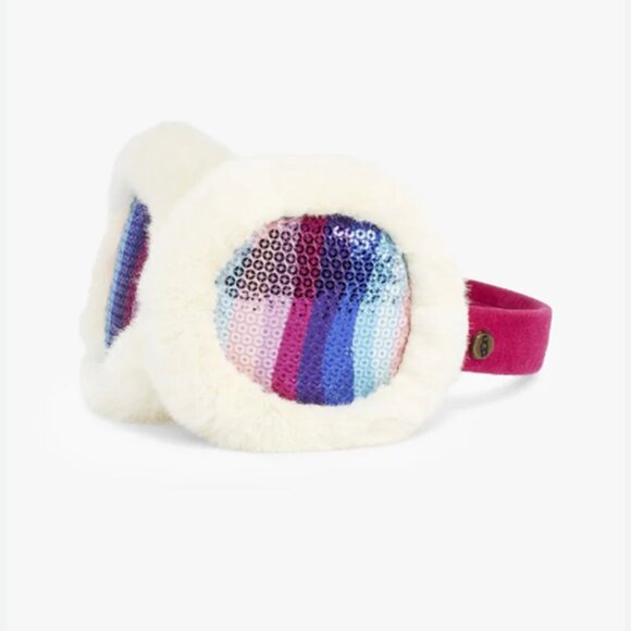 NEW Girls White Faux Fur Earmuffs Pink Velvet Band Rainbow Sequin Winter Warm - Picture 1 of 15